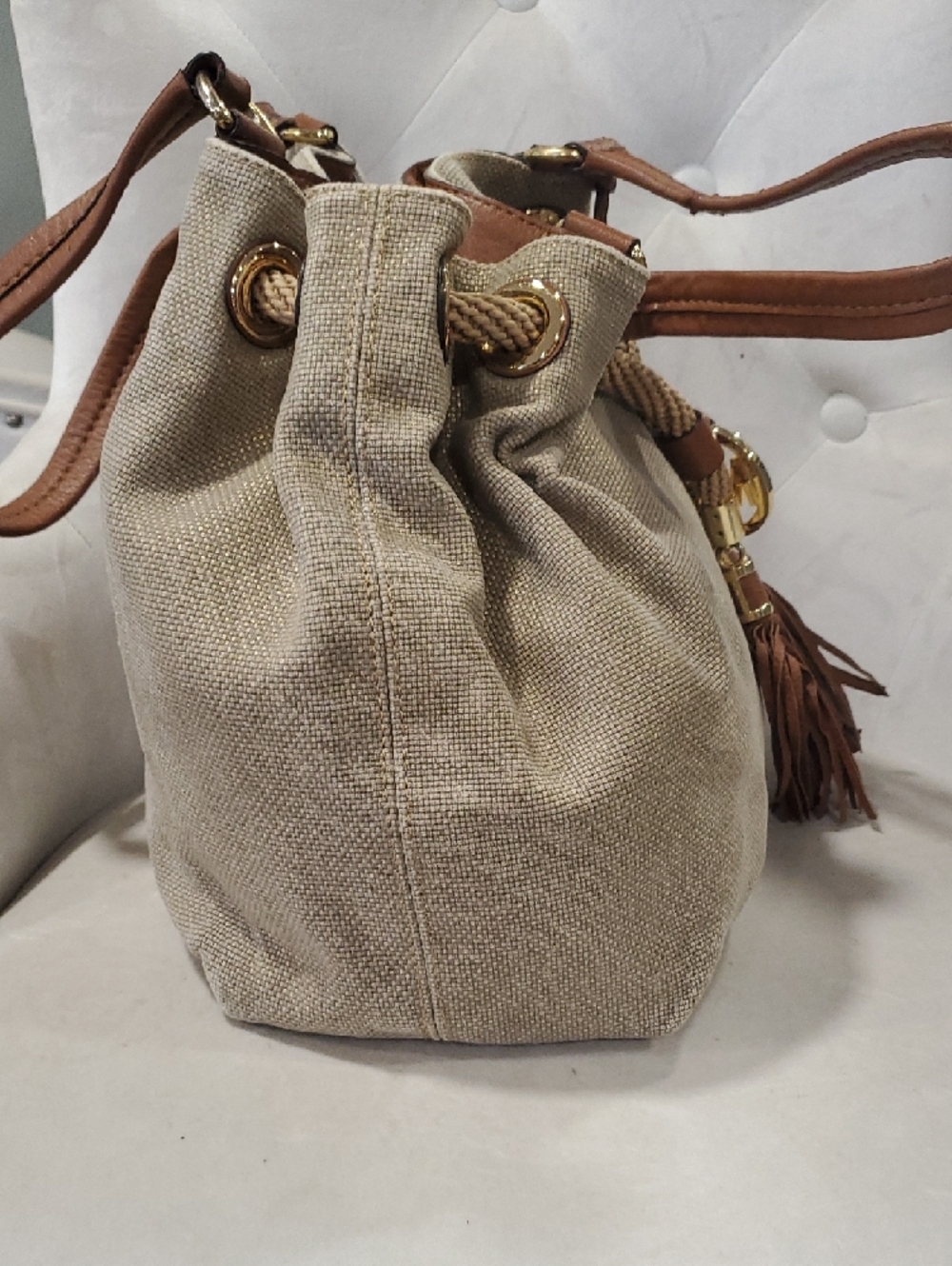 Michael Kors Tan Canvas Drawstring Shoulder Bag with Brown Leather Trim - Picture 7 of 17